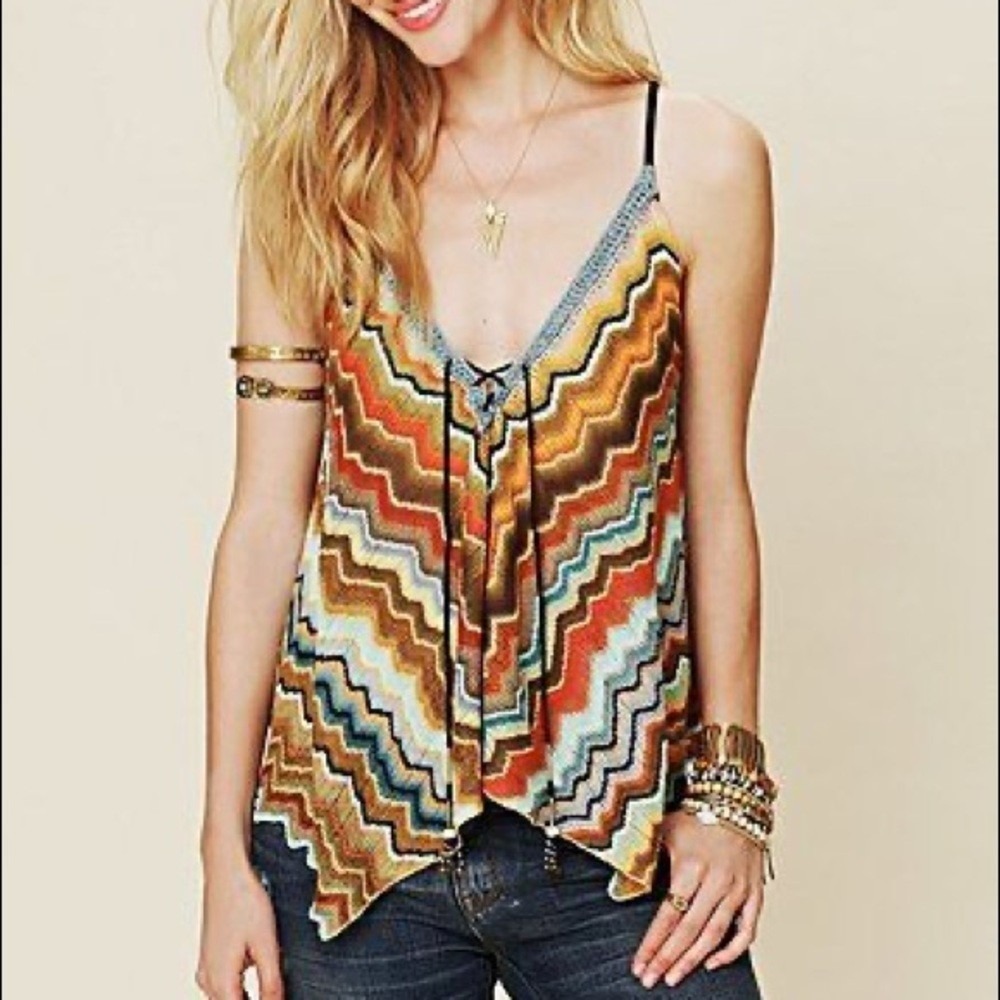 Vintage Free People Chevron Zig Zag Crochet Multicolor Boho Cami Top Bell XS 0/2